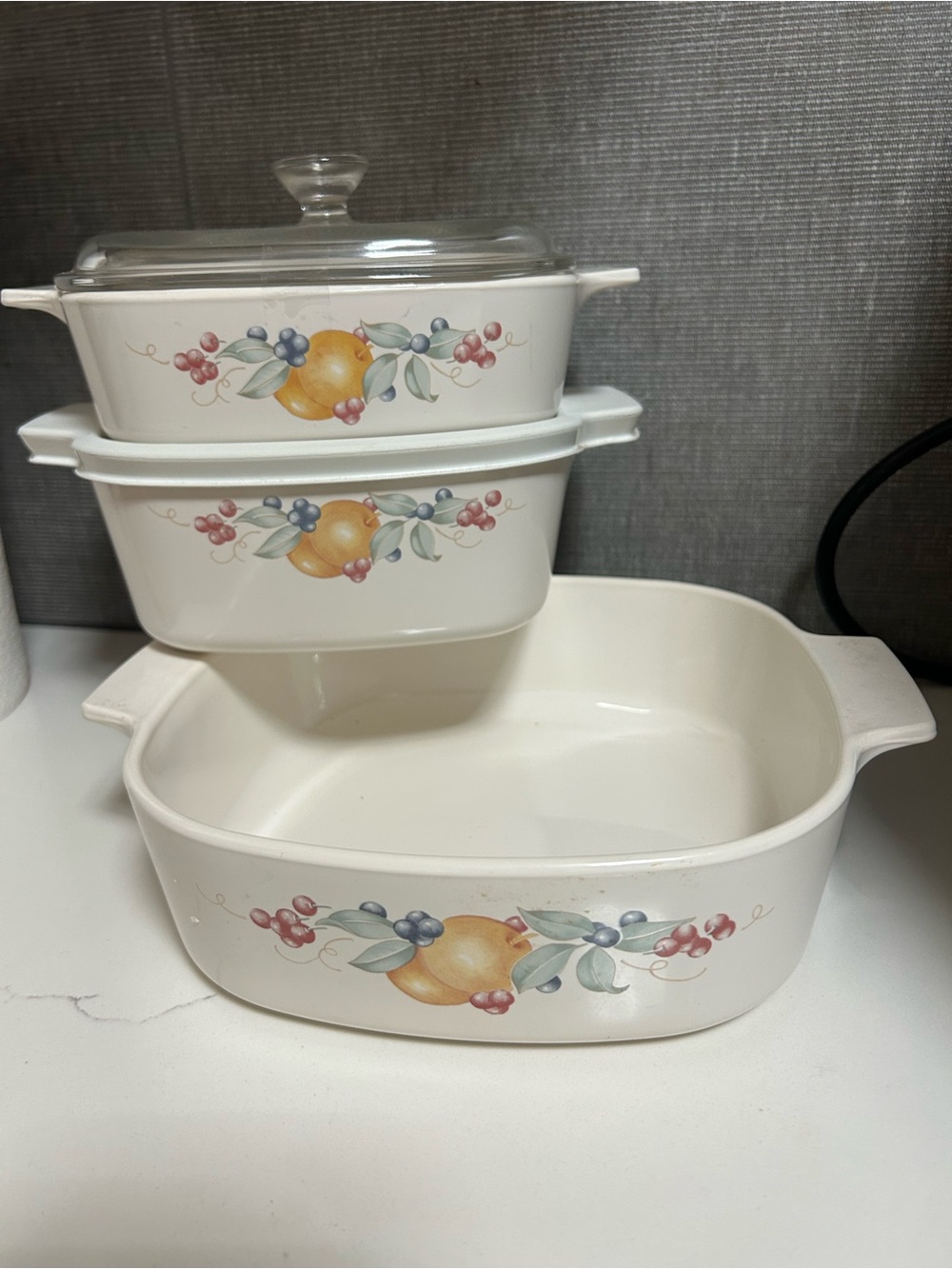 Corningware White Ceramic Fruit Motif Casserole Set